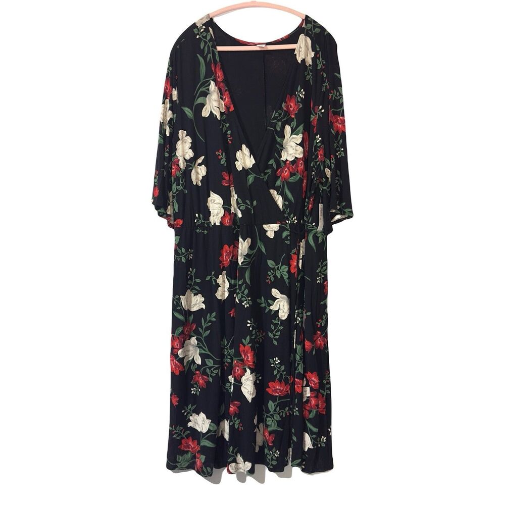 Old Navy Faux Wrap Dress Plus Size 3X Black Floral Short Sleeve NWT